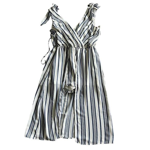 Row A Pants - ROW A NWT Large Mini Dress Faux Wrap Romper Sleeveless V neck blue white striped